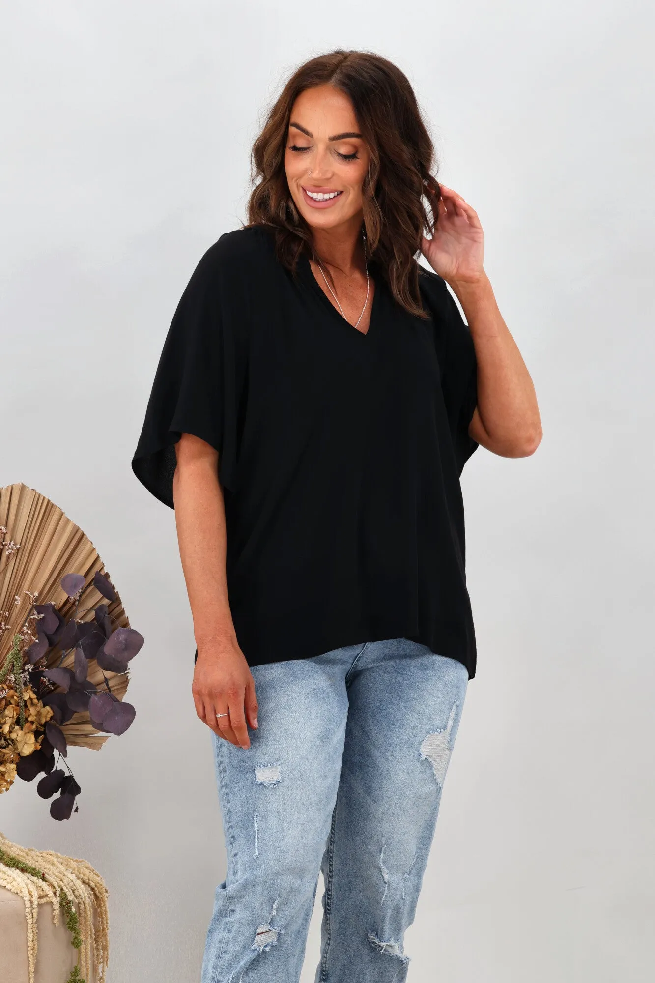 Gloss by Shine On Maive Raglan Flutter Sleeve Top Black