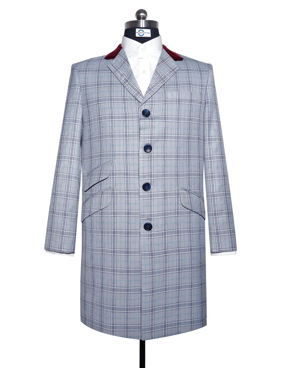 Grey and Blue Prince of Wales Check Tweed Overcoat