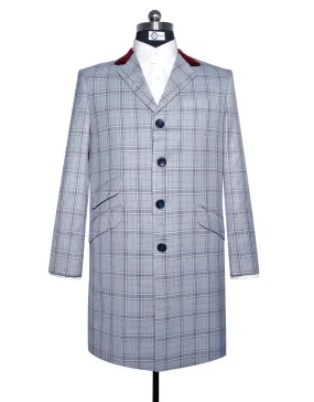 Grey and Blue Prince of Wales Check Tweed Overcoat