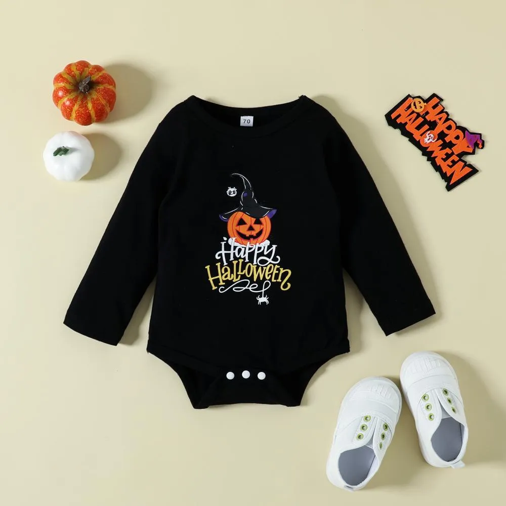 Halloween Autumn Letters Print Long Sleeve Romper Cartoon Pumpkin Flared Trousers Girls Suit Wholesale