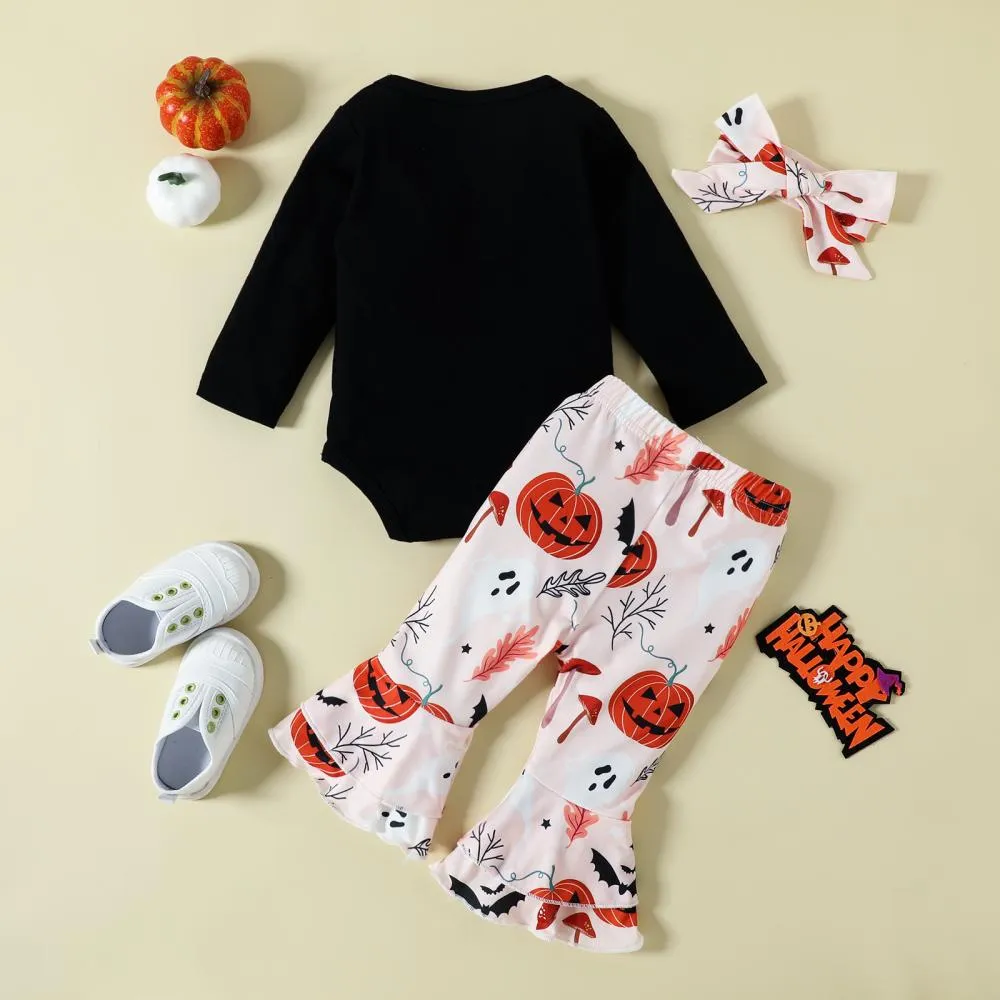 Halloween Autumn Letters Print Long Sleeve Romper Cartoon Pumpkin Flared Trousers Girls Suit Wholesale