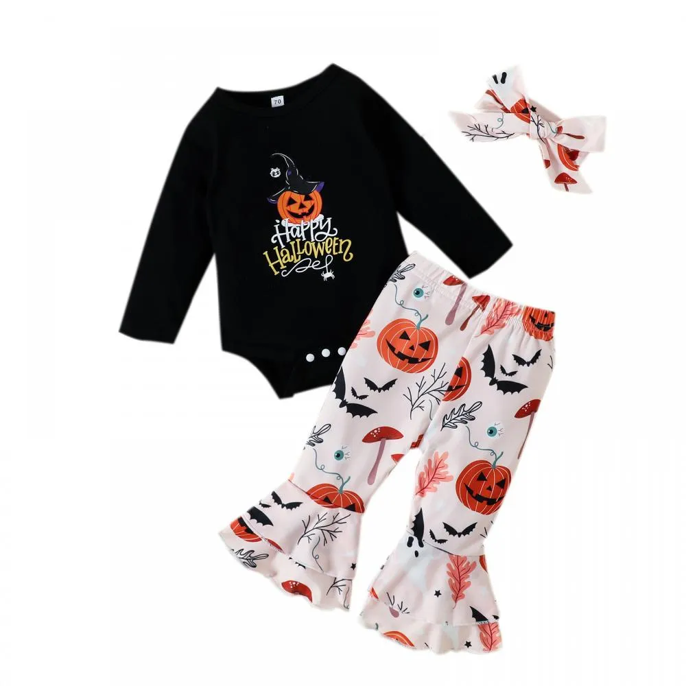 Halloween Autumn Letters Print Long Sleeve Romper Cartoon Pumpkin Flared Trousers Girls Suit Wholesale