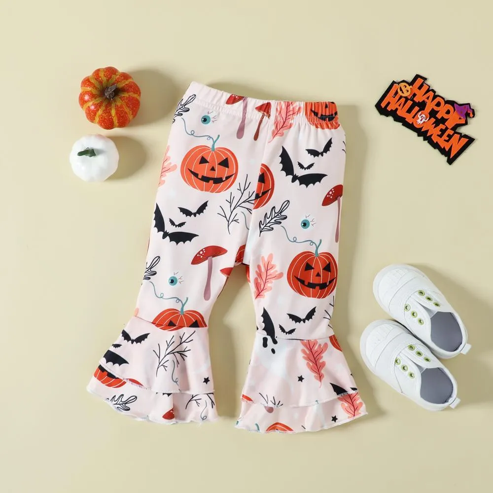 Halloween Autumn Letters Print Long Sleeve Romper Cartoon Pumpkin Flared Trousers Girls Suit Wholesale