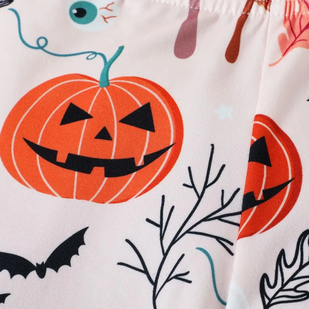 Halloween Autumn Letters Print Long Sleeve Romper Cartoon Pumpkin Flared Trousers Girls Suit Wholesale