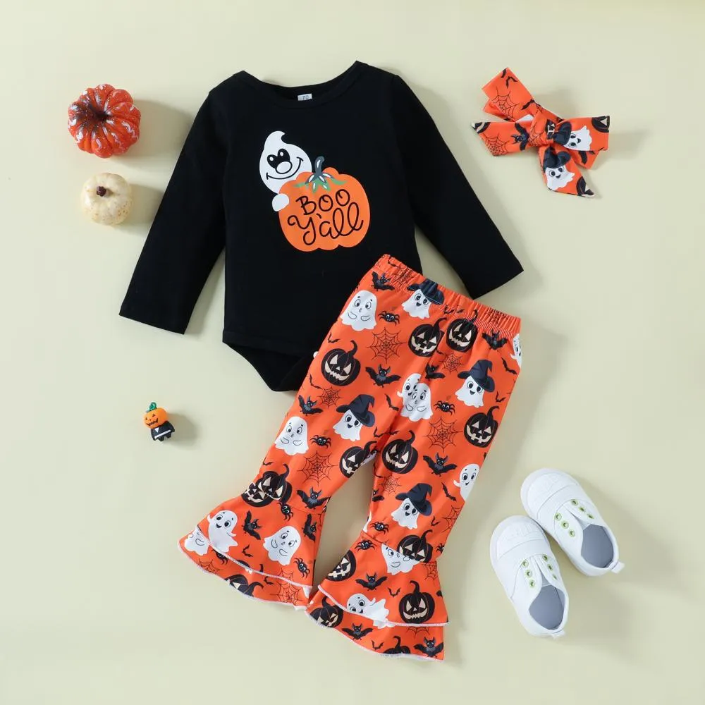 Halloween Infants and Toddlers Cartoon Print Romper Flared Pants Headband Three-piece Set Wholesale Baby Clothes