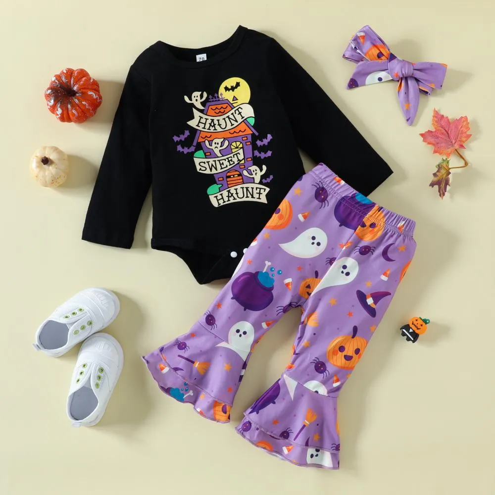 Halloween Infants and Toddlers Cartoon Print Romper Flared Pants Headband Three-piece Set Wholesale Baby Clothes