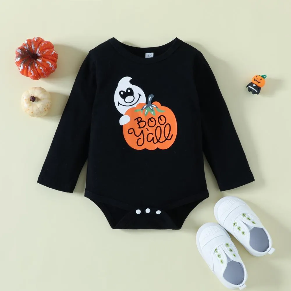 Halloween Infants and Toddlers Cartoon Print Romper Flared Pants Headband Three-piece Set Wholesale Baby Clothes