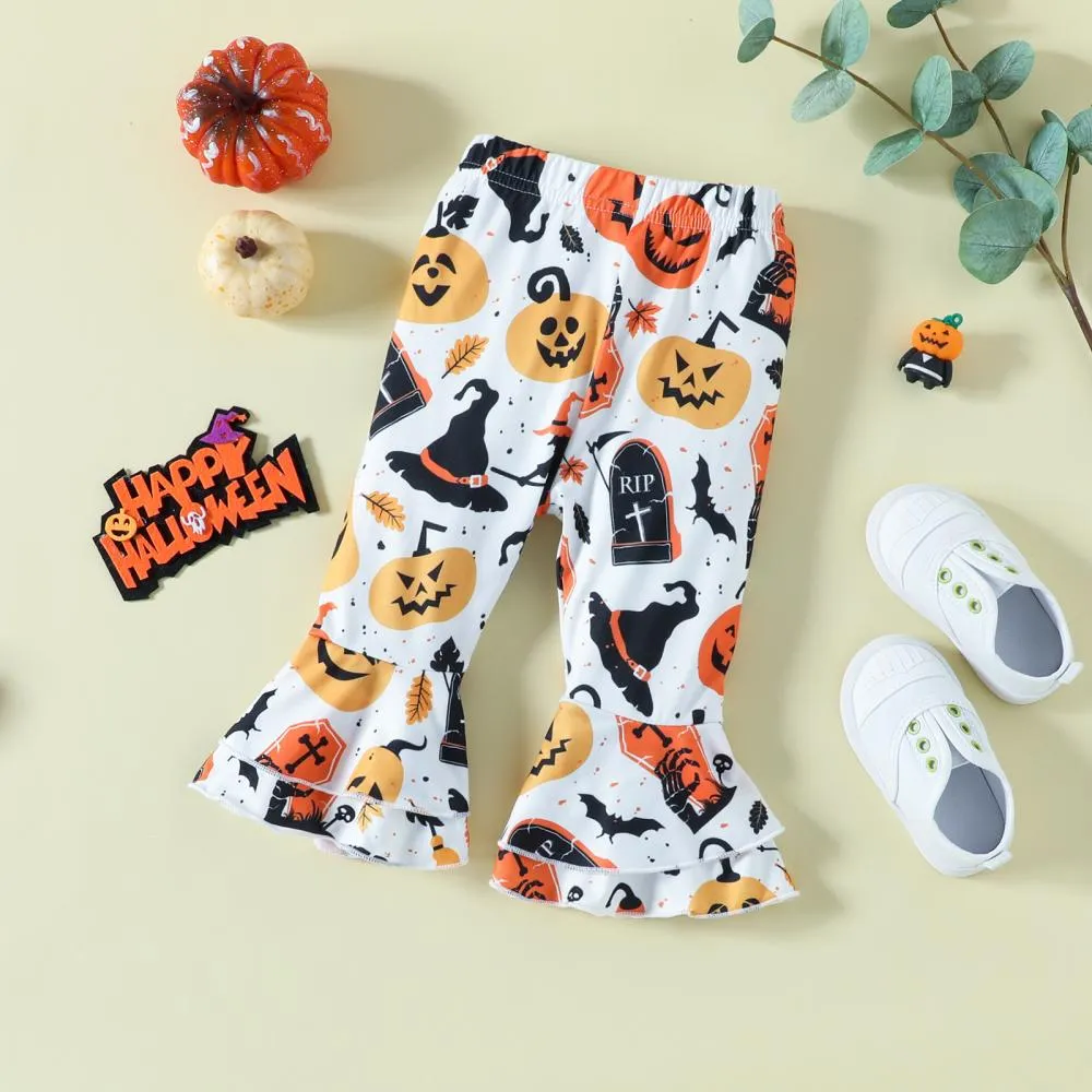 Halloween Infants and Toddlers Cartoon Print Romper Flared Pants Headband Three-piece Set Wholesale Baby Clothes