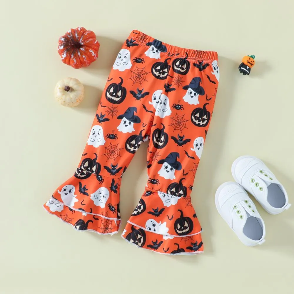 Halloween Infants and Toddlers Cartoon Print Romper Flared Pants Headband Three-piece Set Wholesale Baby Clothes