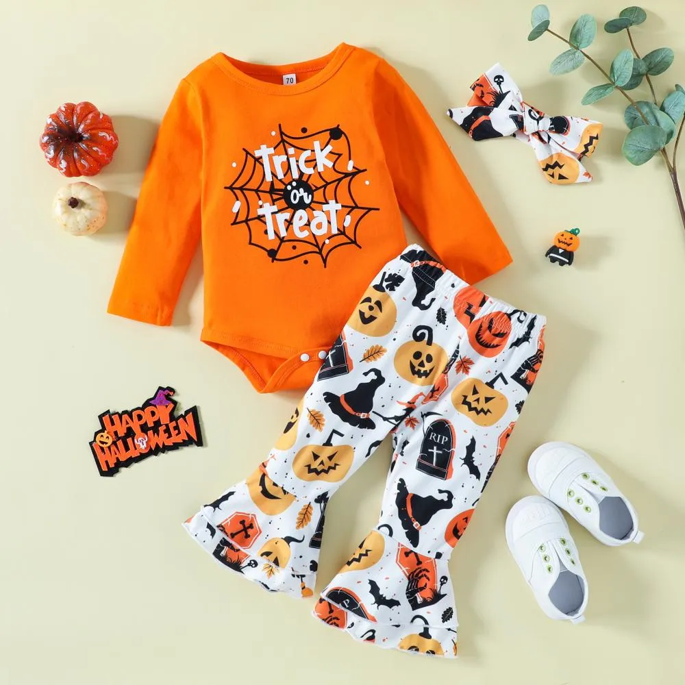 Halloween Infants and Toddlers Cartoon Print Romper Flared Pants Headband Three-piece Set Wholesale Baby Clothes