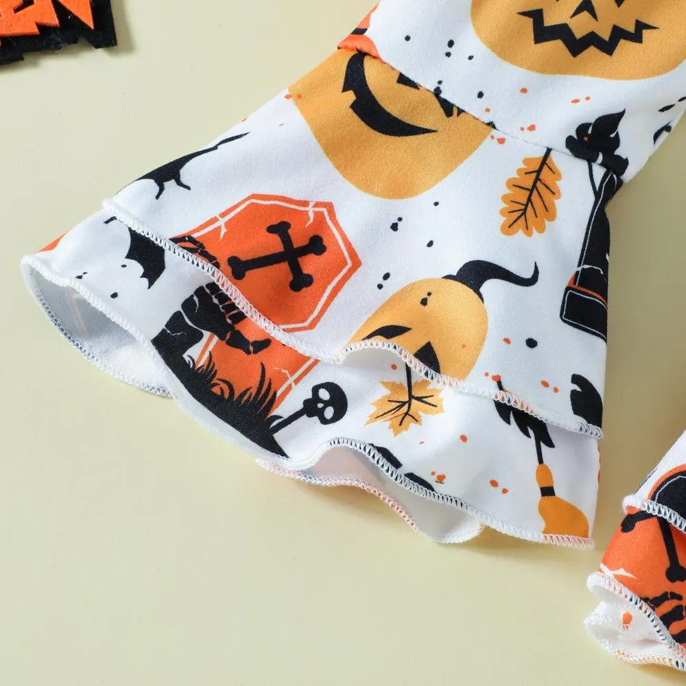 Halloween Infants and Toddlers Cartoon Print Romper Flared Pants Headband Three-piece Set Wholesale Baby Clothes