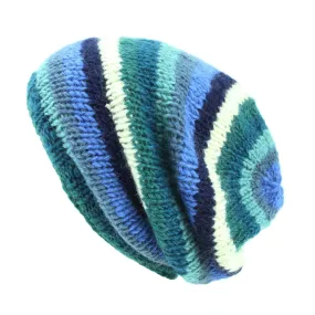 Hand Knitted Baggy Slouch Beanie Hat - Stripe Blue