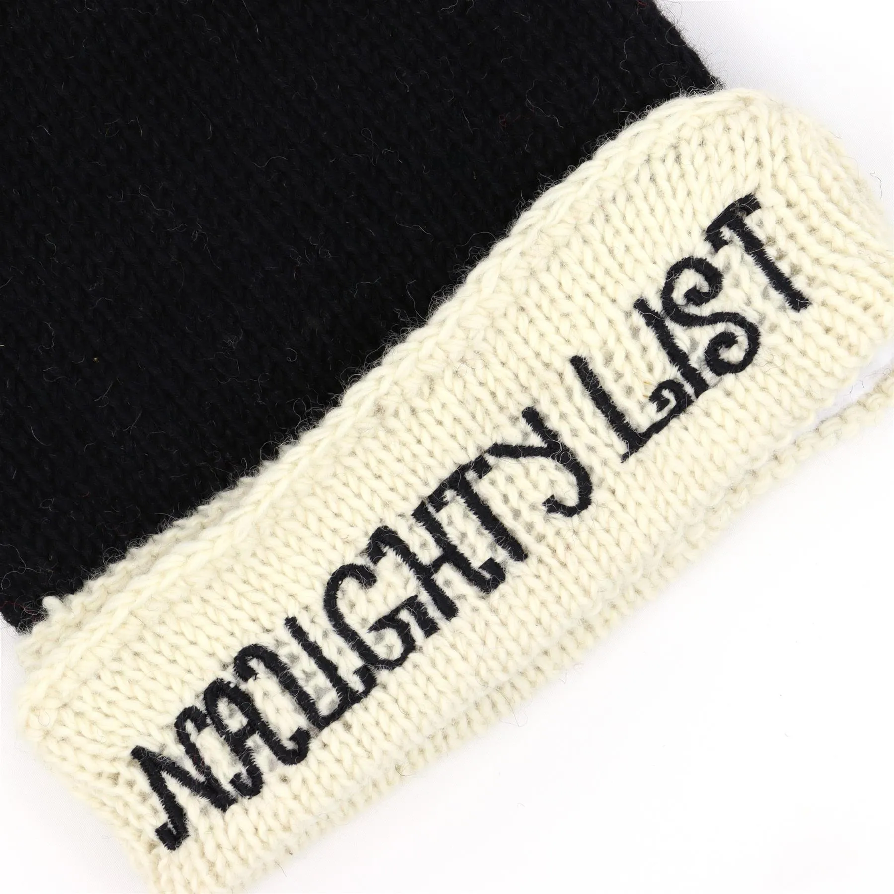 Hand Knitted Wool Christmas Beanie Hat - Naughty List Black