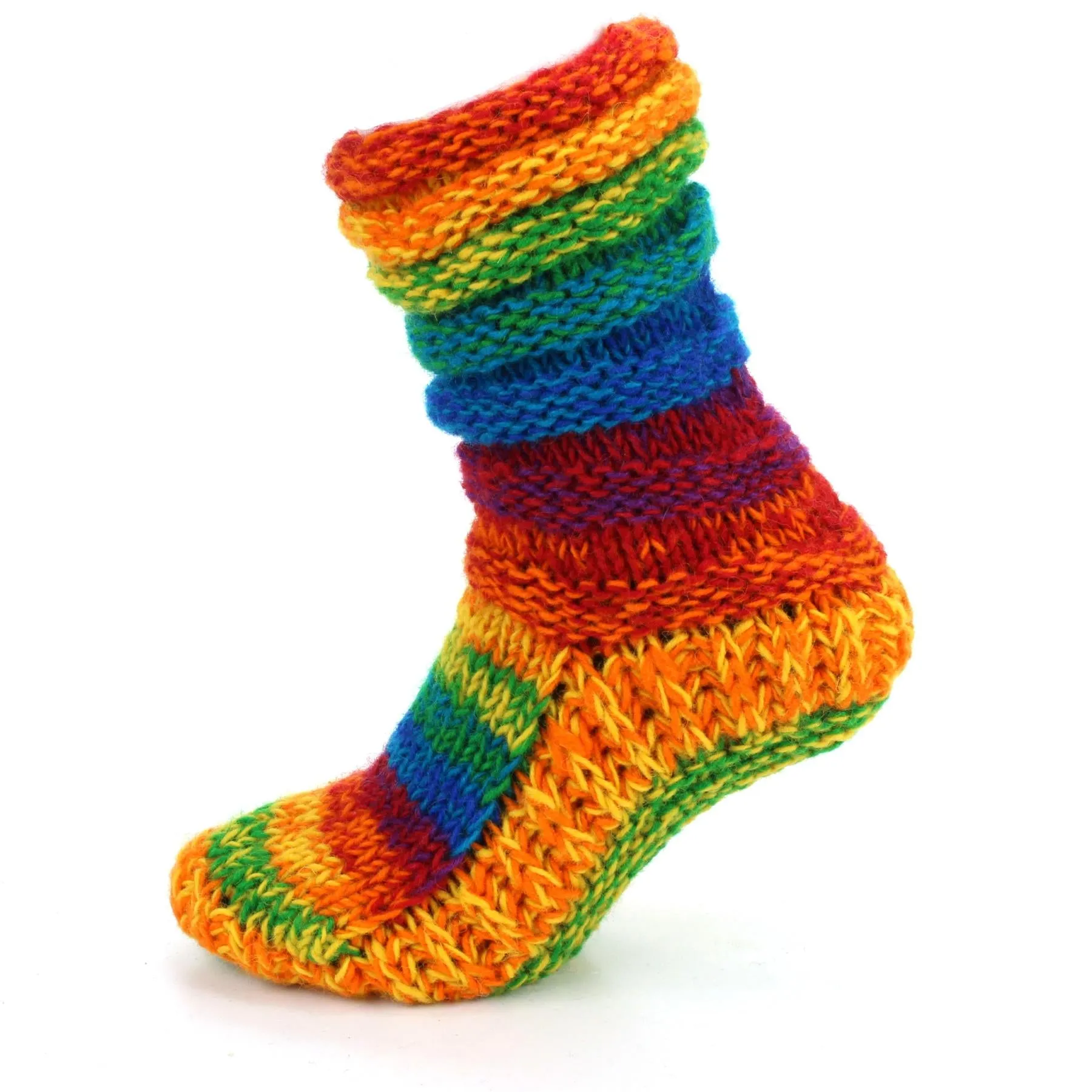 Hand Knitted Wool Slipper Socks Lined - SD Shredded Rainbow