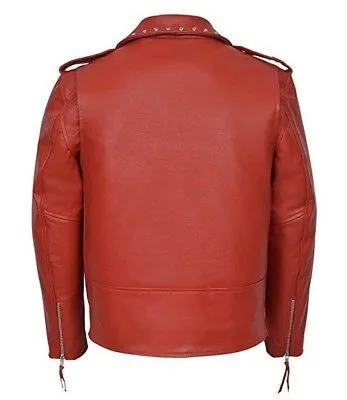 Handmade Men's Style Studded Brando Red Magnificent Leather Jacket