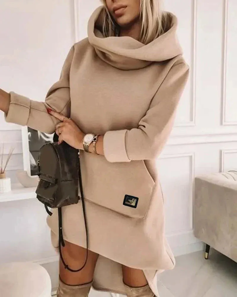 High Neck Hooded Sweatshirt Dress: Chic Office Pullover