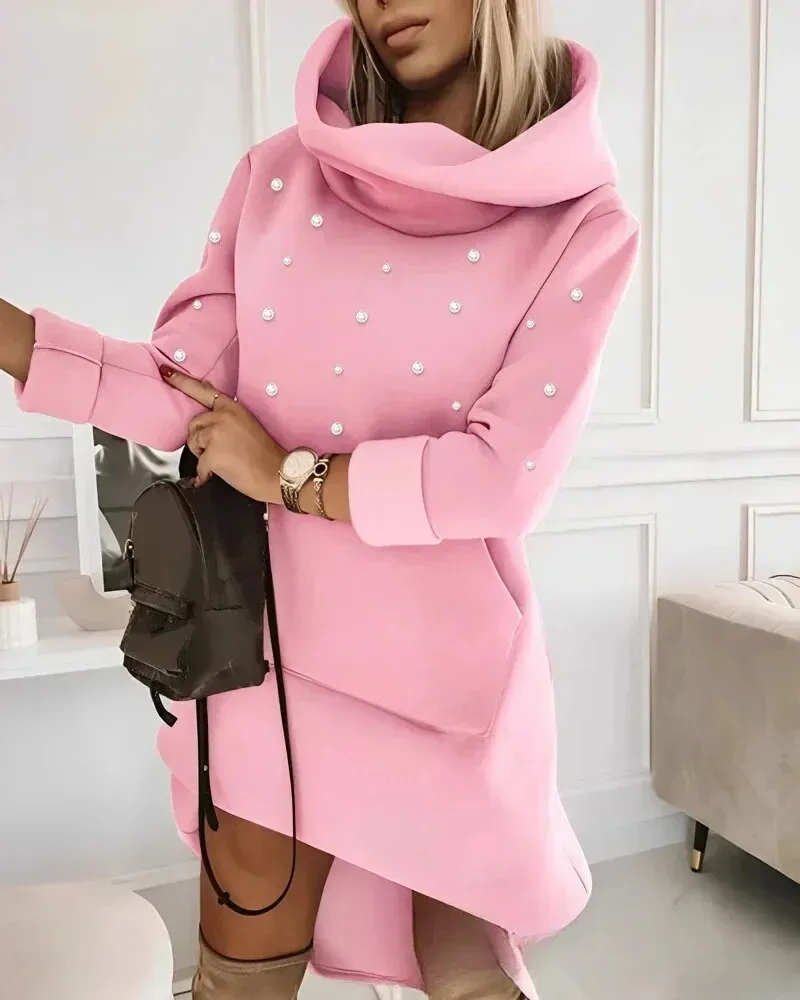 High Neck Hooded Sweatshirt Dress: Chic Office Pullover