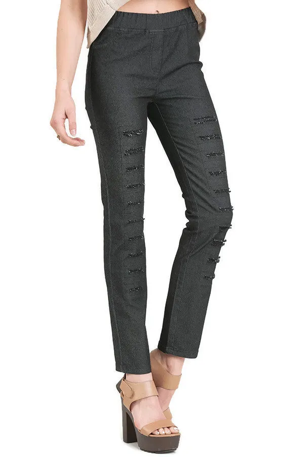 High Waist Denim Pants with Ripped details, Black