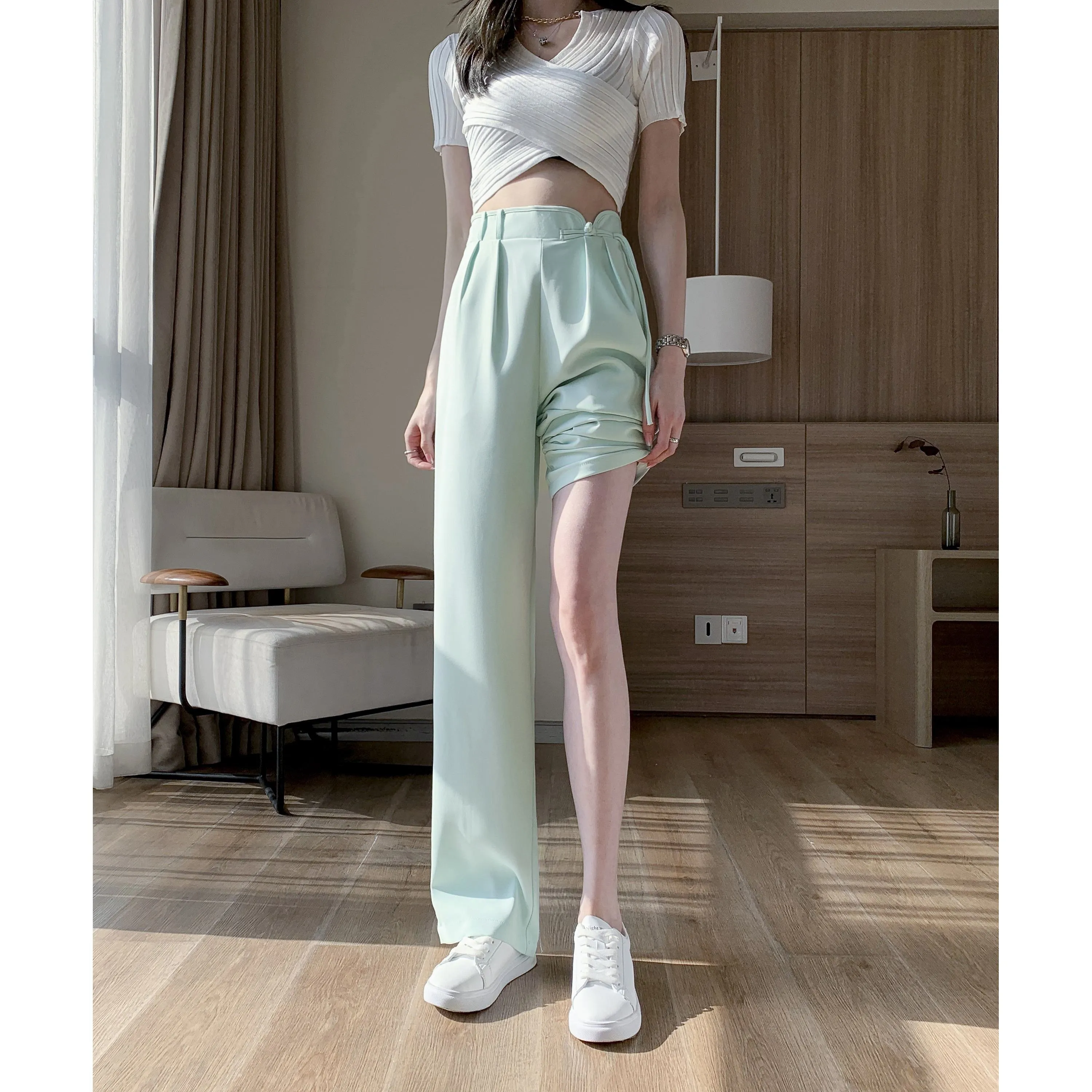 High-Waisted Niche Straight Leg Floor-Length Thin Design Pants