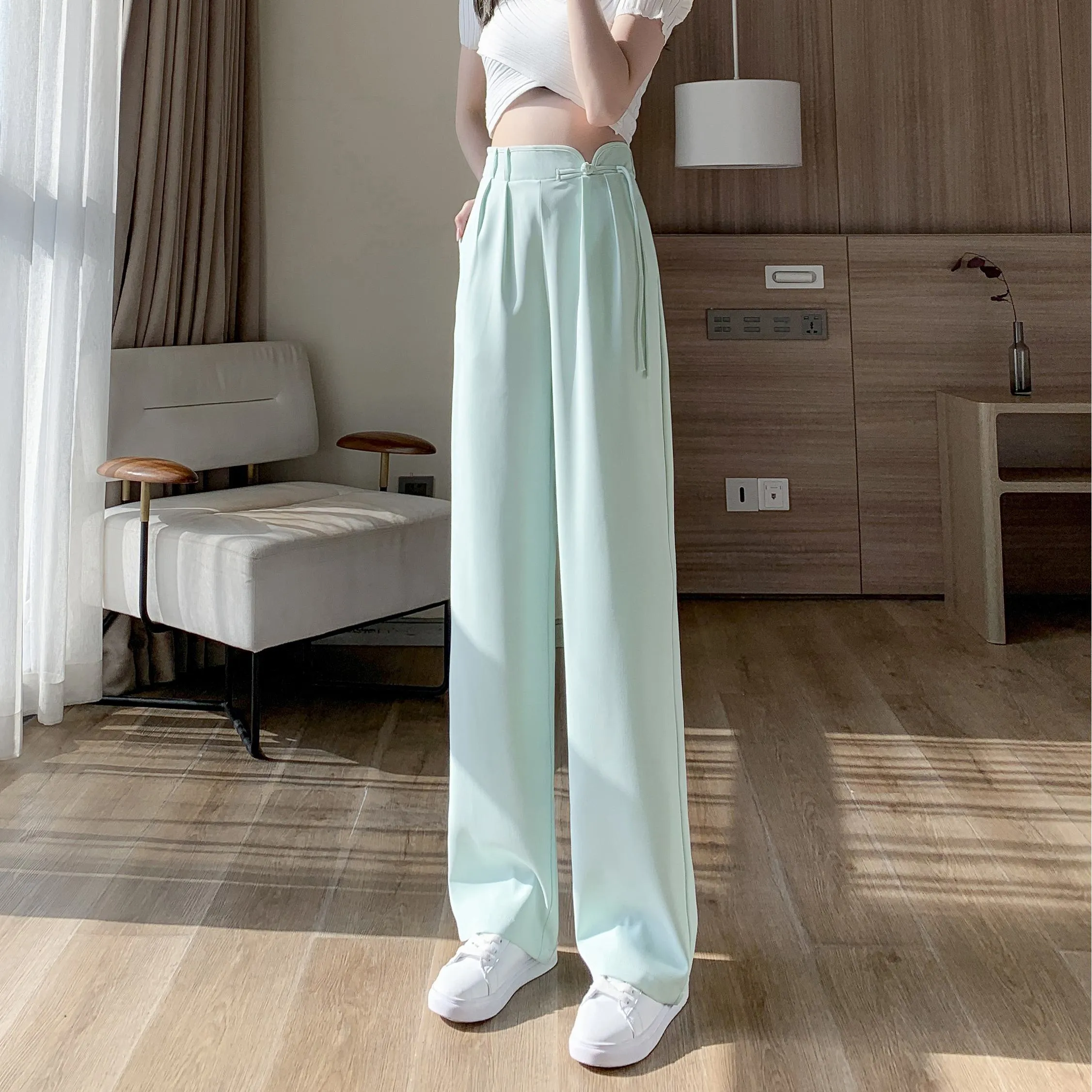 High-Waisted Niche Straight Leg Floor-Length Thin Design Pants