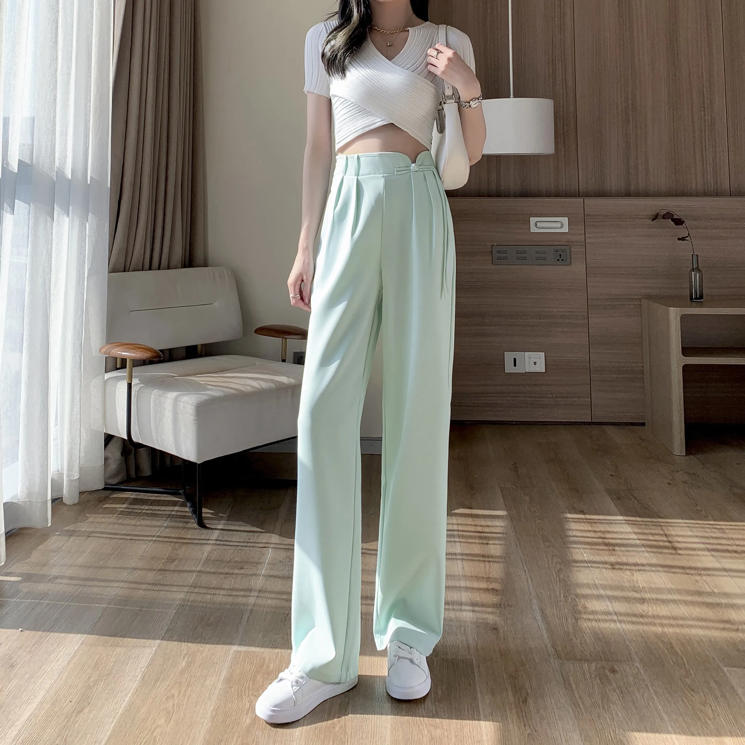 High-Waisted Niche Straight Leg Floor-Length Thin Design Pants