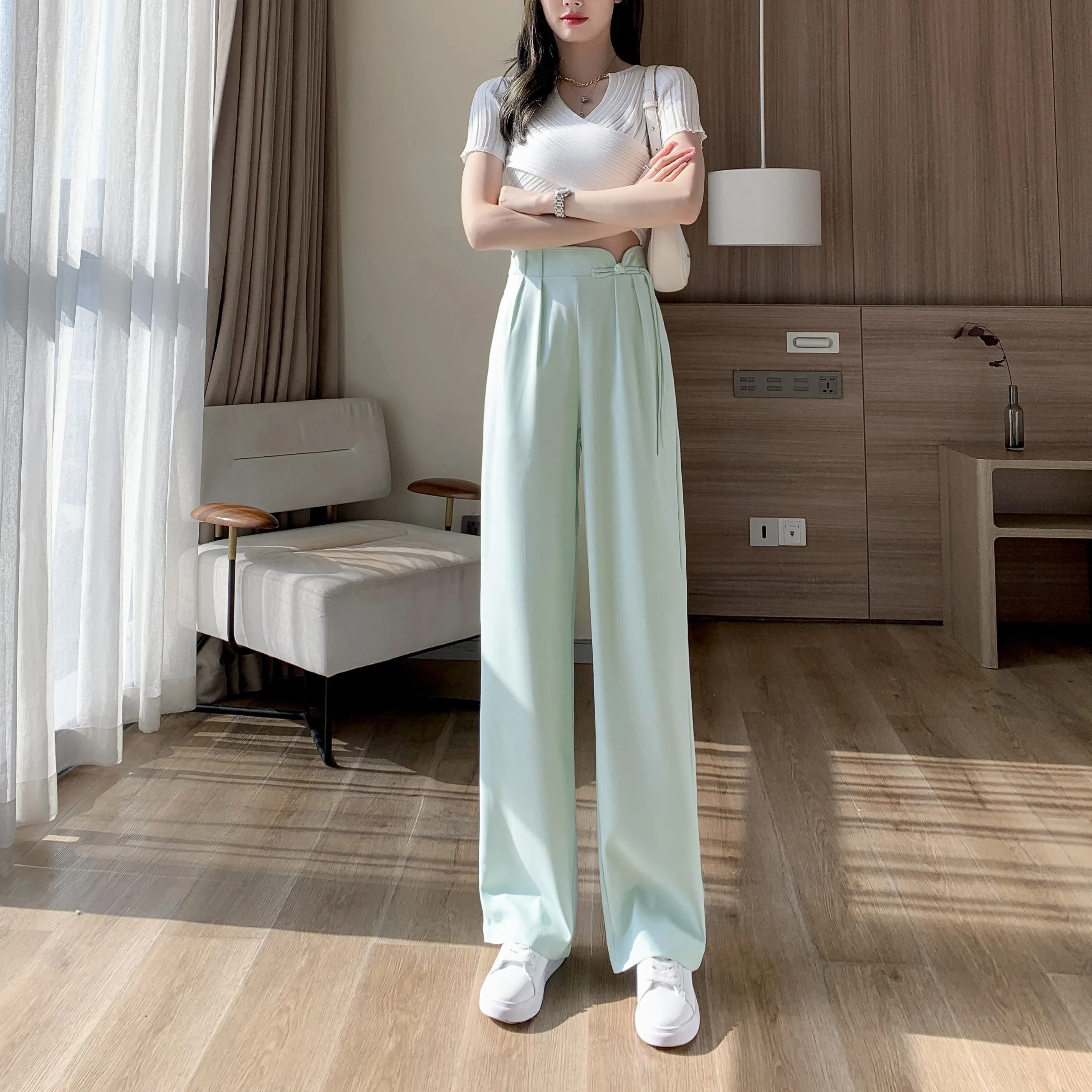 High-Waisted Niche Straight Leg Floor-Length Thin Design Pants