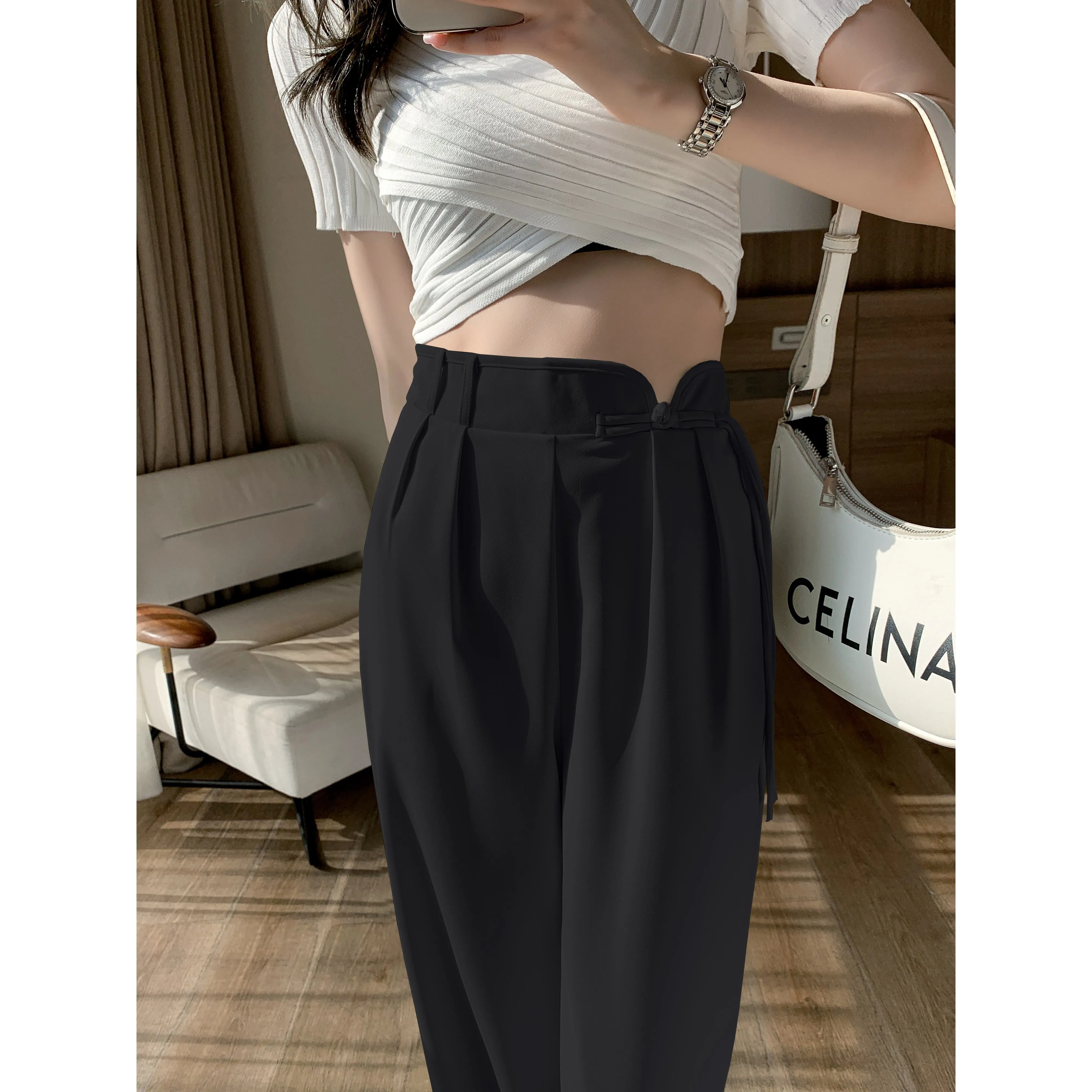 High-Waisted Niche Straight Leg Floor-Length Thin Design Pants