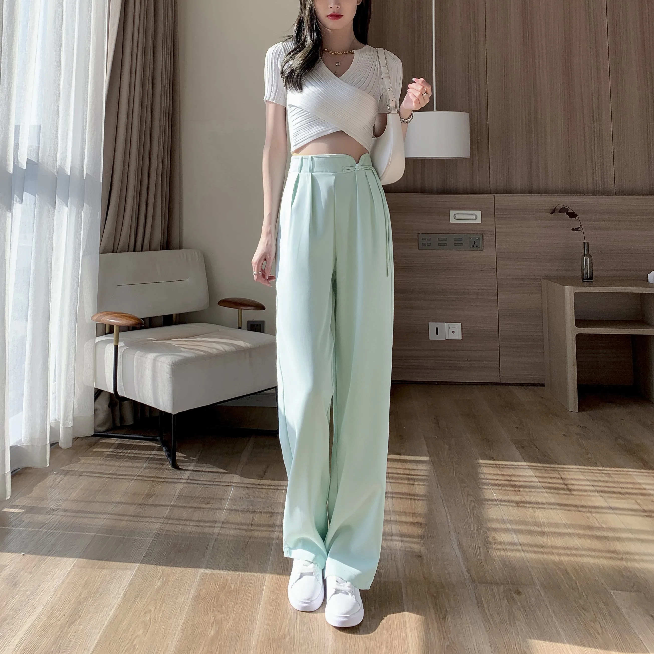 High-Waisted Niche Straight Leg Floor-Length Thin Design Pants