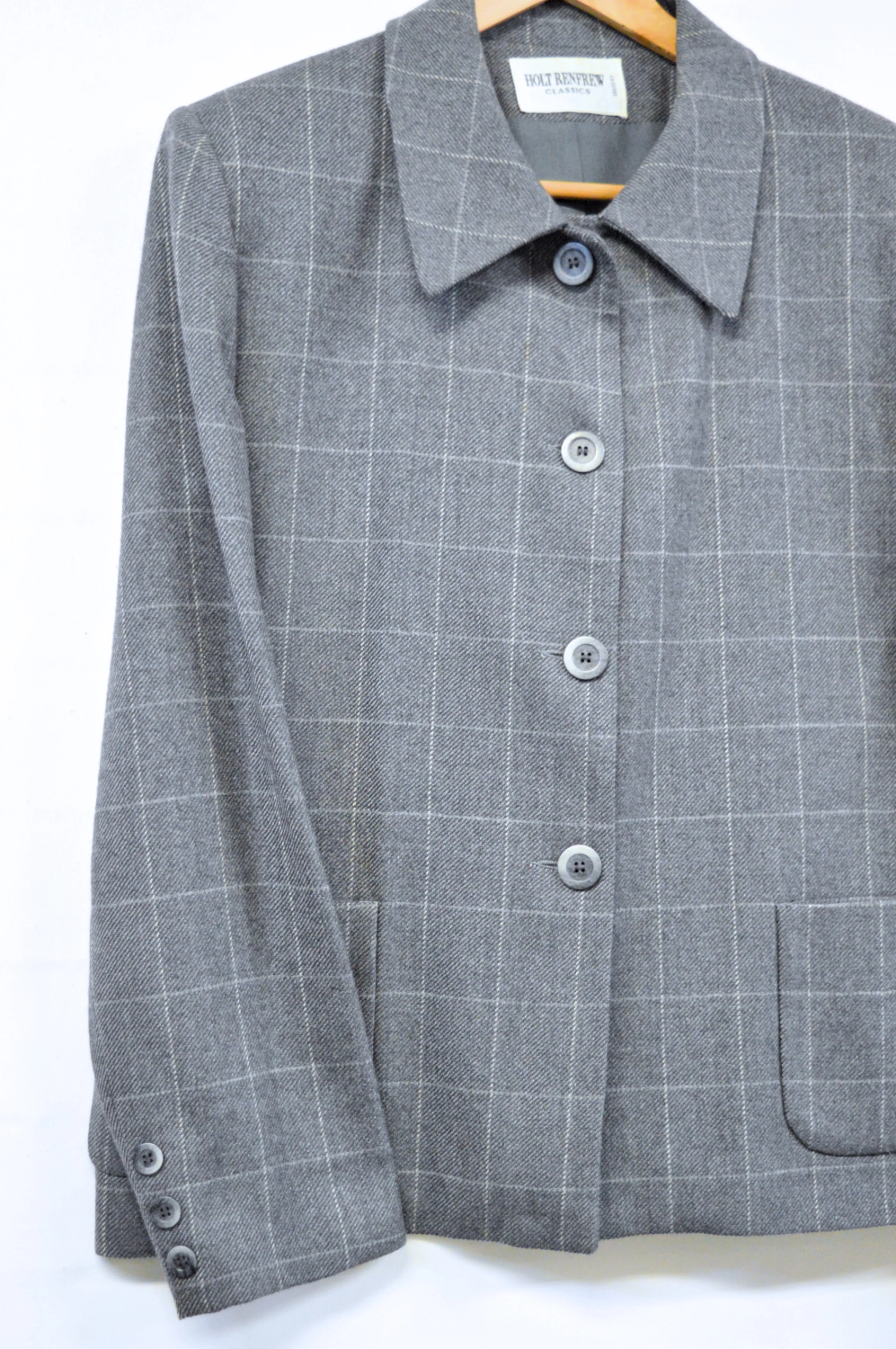 Holt Renfrew Classics Gray Plaid Wool Blazer | L