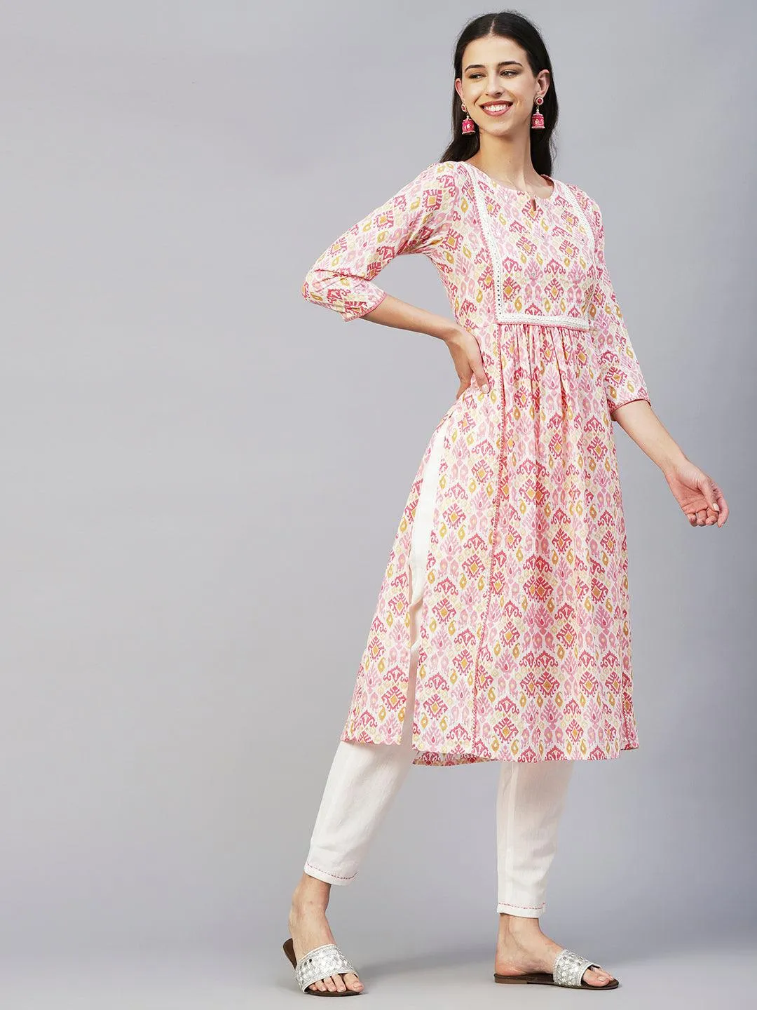 Ikkat Printed Mirror & Zari Embroidered Lurex Striped Kurta With Pants - Multi