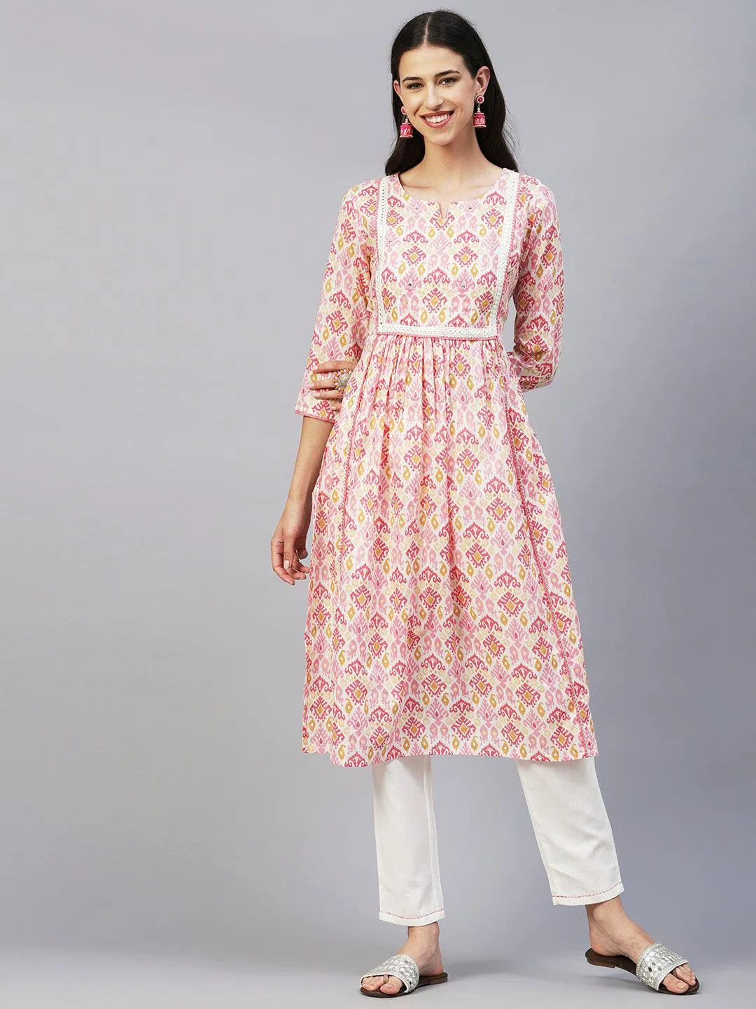 Ikkat Printed Mirror & Zari Embroidered Lurex Striped Kurta With Pants - Multi