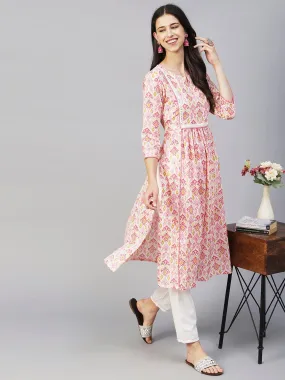 Ikkat Printed Mirror & Zari Embroidered Lurex Striped Kurta With Pants - Multi