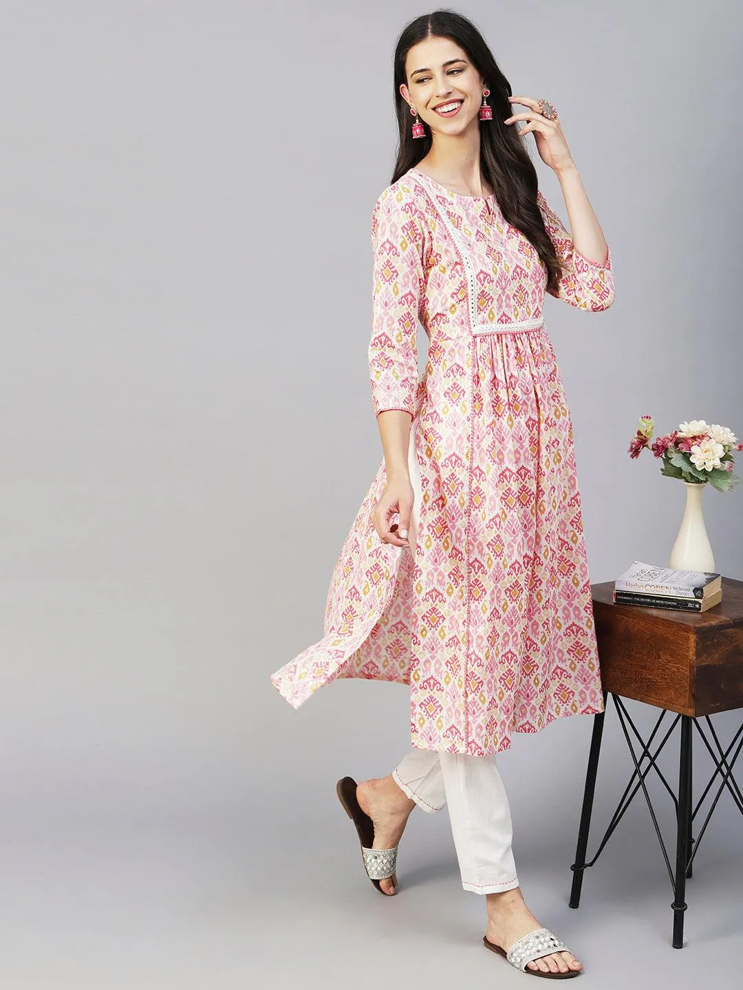 Ikkat Printed Mirror & Zari Embroidered Lurex Striped Kurta With Pants - Multi