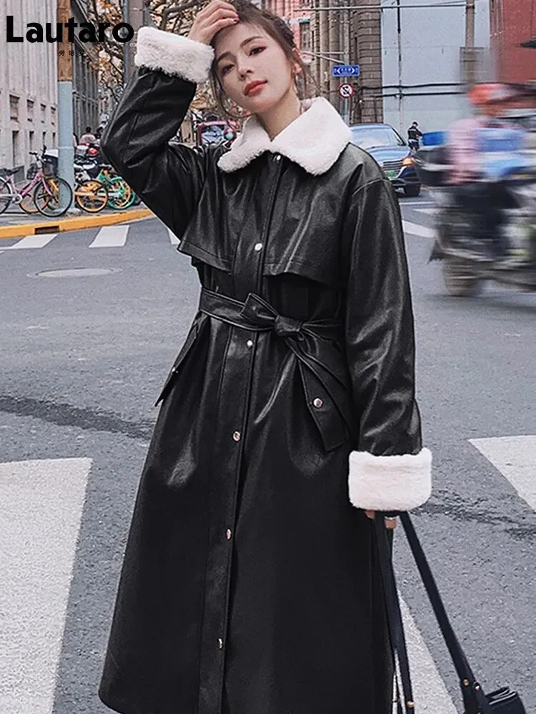 Lautaro Winter Long Warm Thick Leather Trench Coat for Women with Faux Fur Inside Belt Loose Korean Fashion 2021 Fur Lined Parka