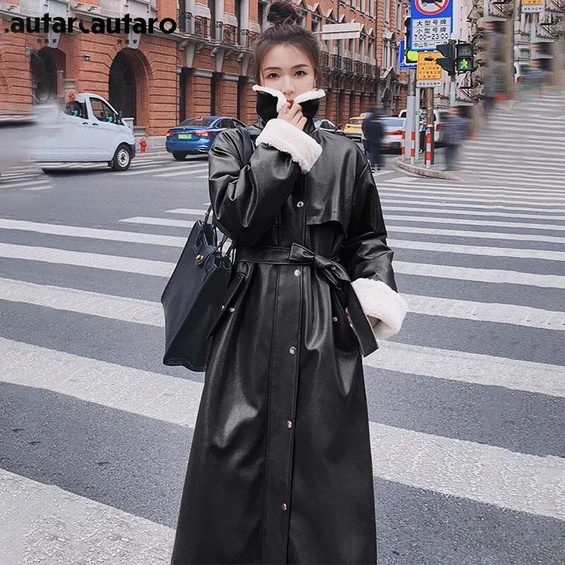 Lautaro Winter Long Warm Thick Leather Trench Coat for Women with Faux Fur Inside Belt Loose Korean Fashion 2021 Fur Lined Parka