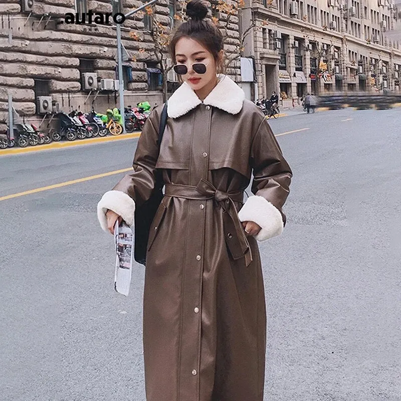 Lautaro Winter Long Warm Thick Leather Trench Coat for Women with Faux Fur Inside Belt Loose Korean Fashion 2021 Fur Lined Parka