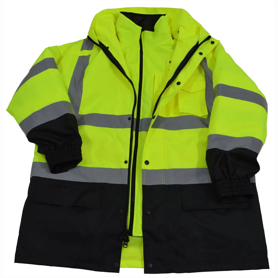 LBPJ6IN1-C3  ANSI Class 3 Lime / Black Two Tone Waterproof 6-IN-1 Jacket & Vest  (Two Class 3 Jackets In One)