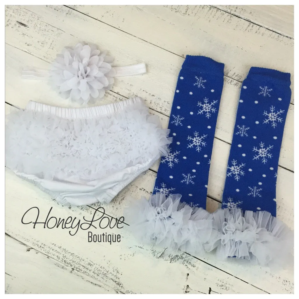 Leg Warmers - Blue Snowflakes, matching flower headband and bloomers