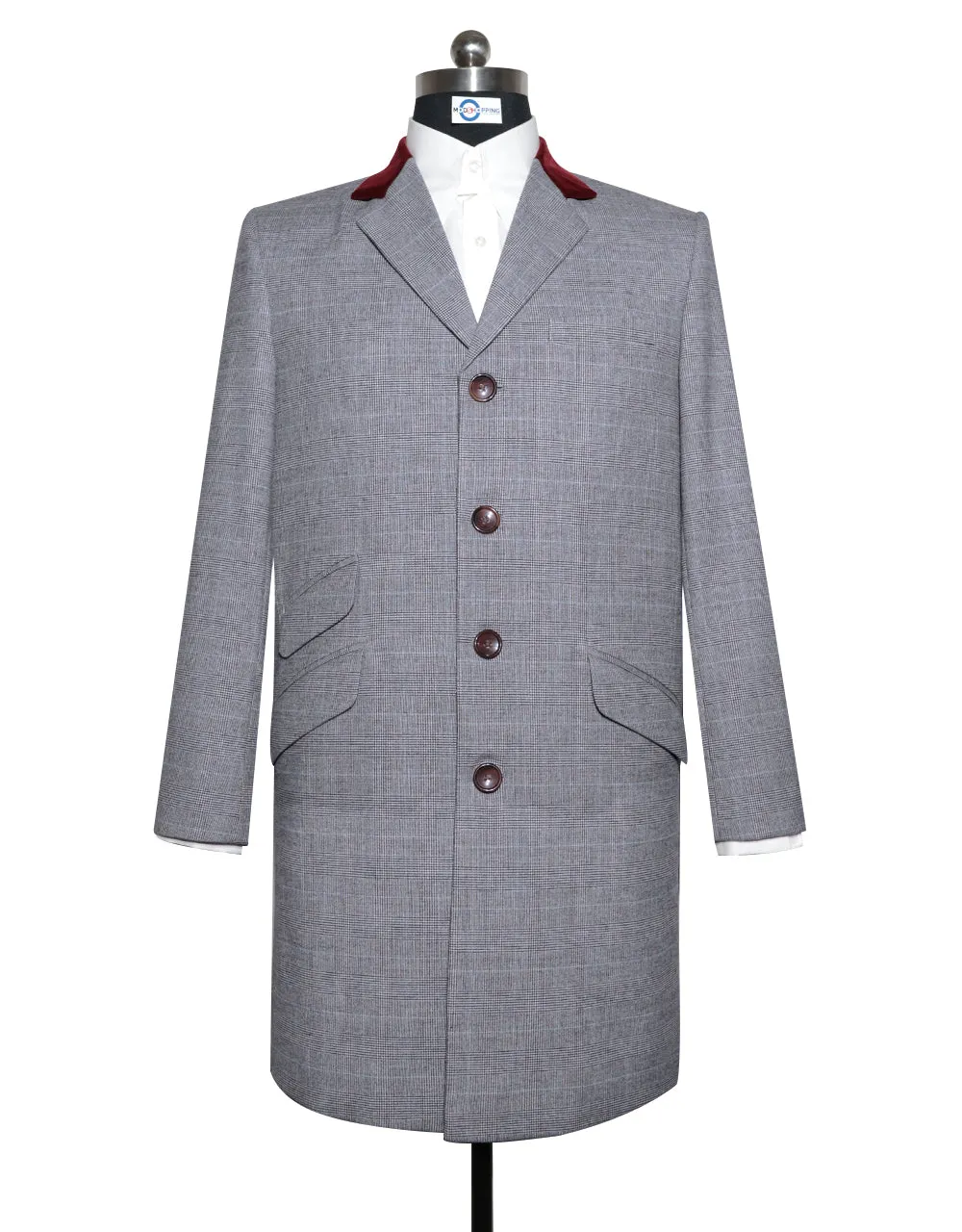 Light Grey Prince of Wales Check Tweed Overcoat