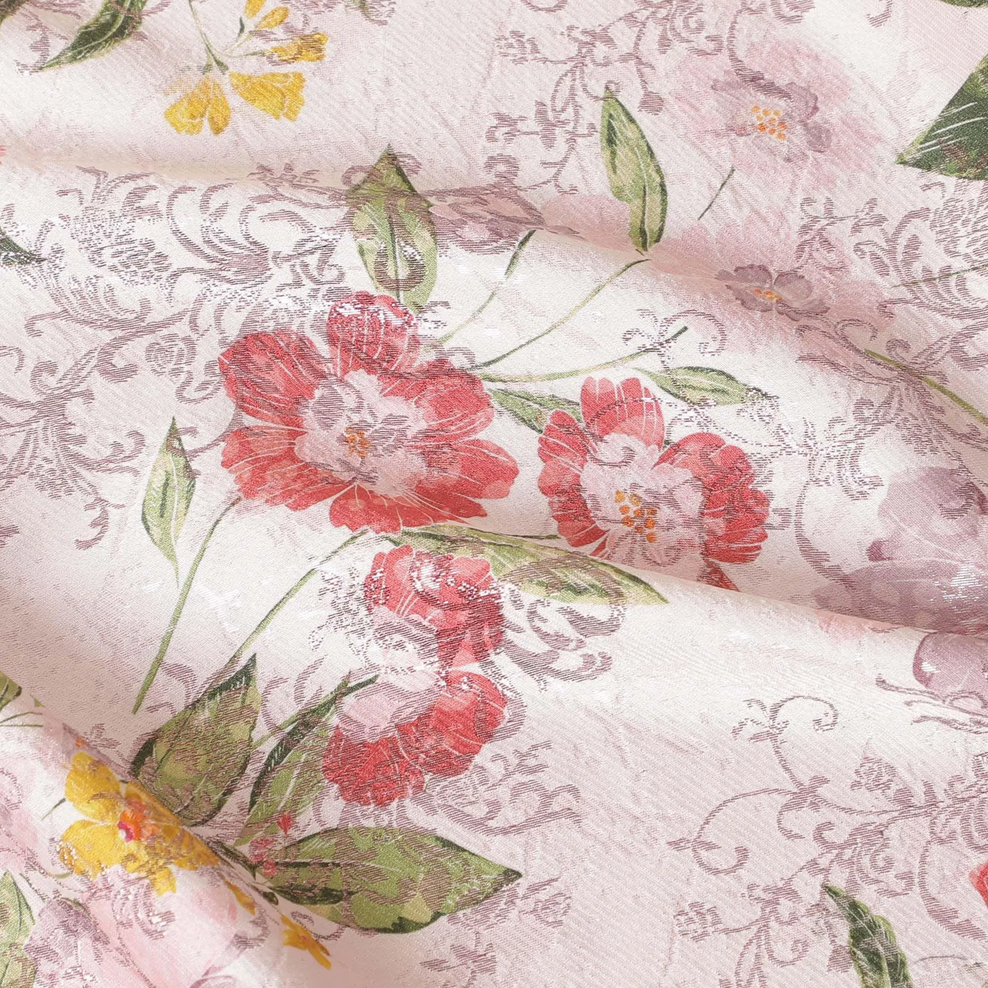 Light pink premium pure silk satin fabric with multicolor print having rose pink film metallic in floral design-D9420