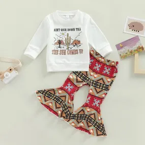 Little Girls Cartoon Cactus Print Top   Flared Pants Set Wholesale Girls Clothes