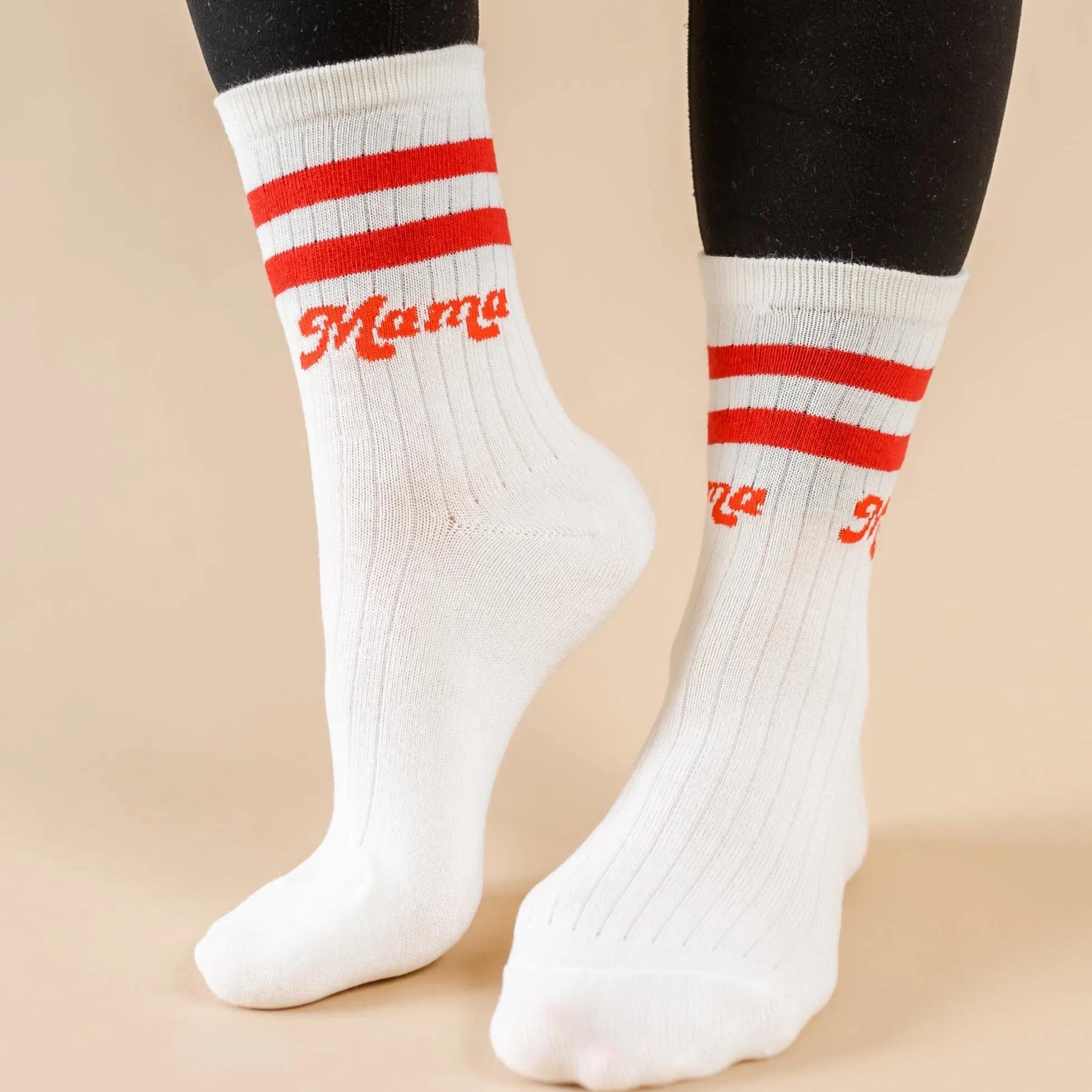 LMSS® MAMA CREW SOCKS - Cream w/ Poppy Retro Font