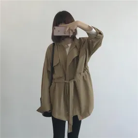 Loose Belted Front Pockets Snap-Buttons Short Trench Coat