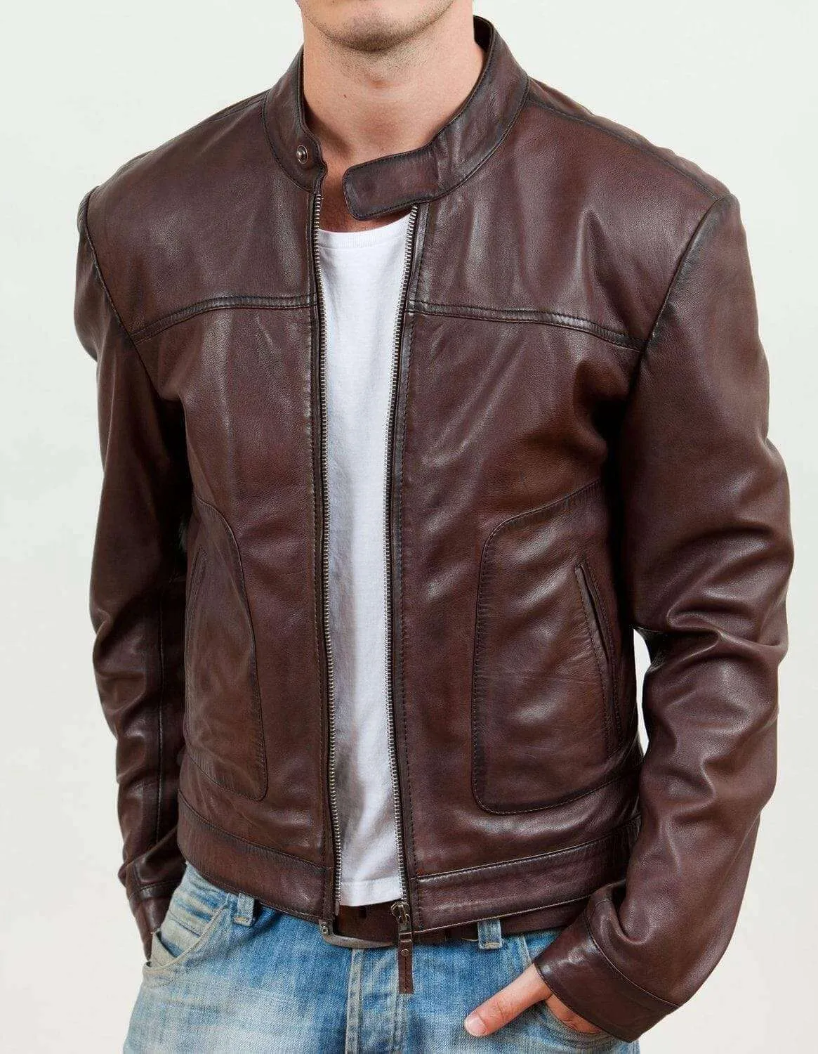 Men's Biker Motorcycle Brown Real Leather Jacket