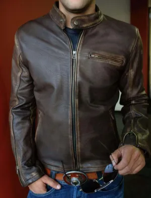 Men's Biker Vintage Motorcycle Distressed Brown Cafe Racer Leather Jacket