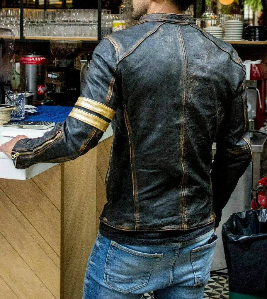 Men's Black Biker Vintage Motorcycle Distressed Cafe Racer Moto Leather Jacket