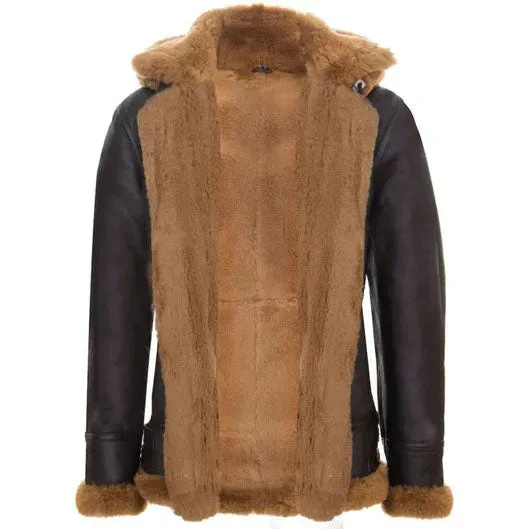 Men's Brown Shearling Sheepskin Coat with Detachable Hood