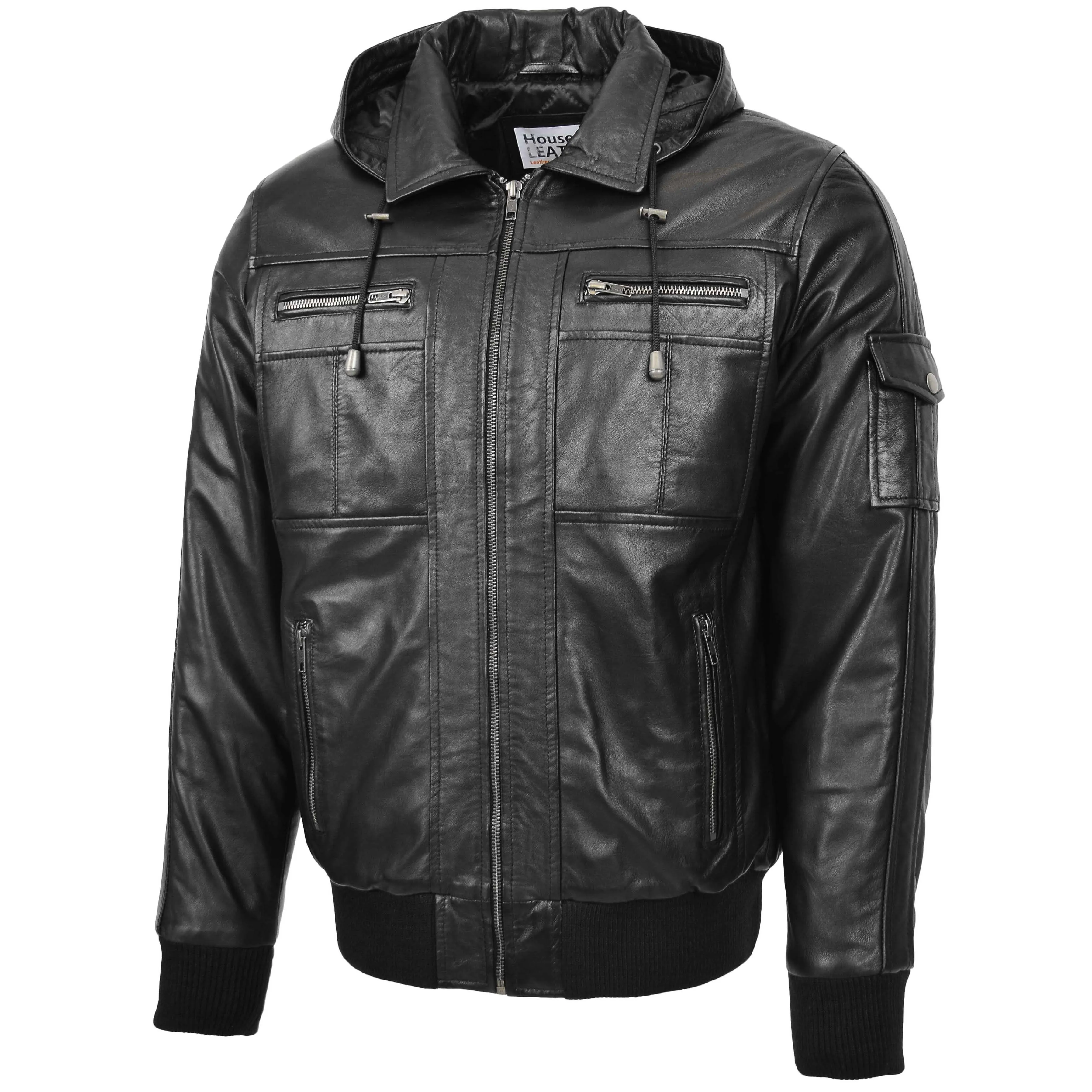 Mens Leather Bomber Jacket with Hoodie Bronx Black