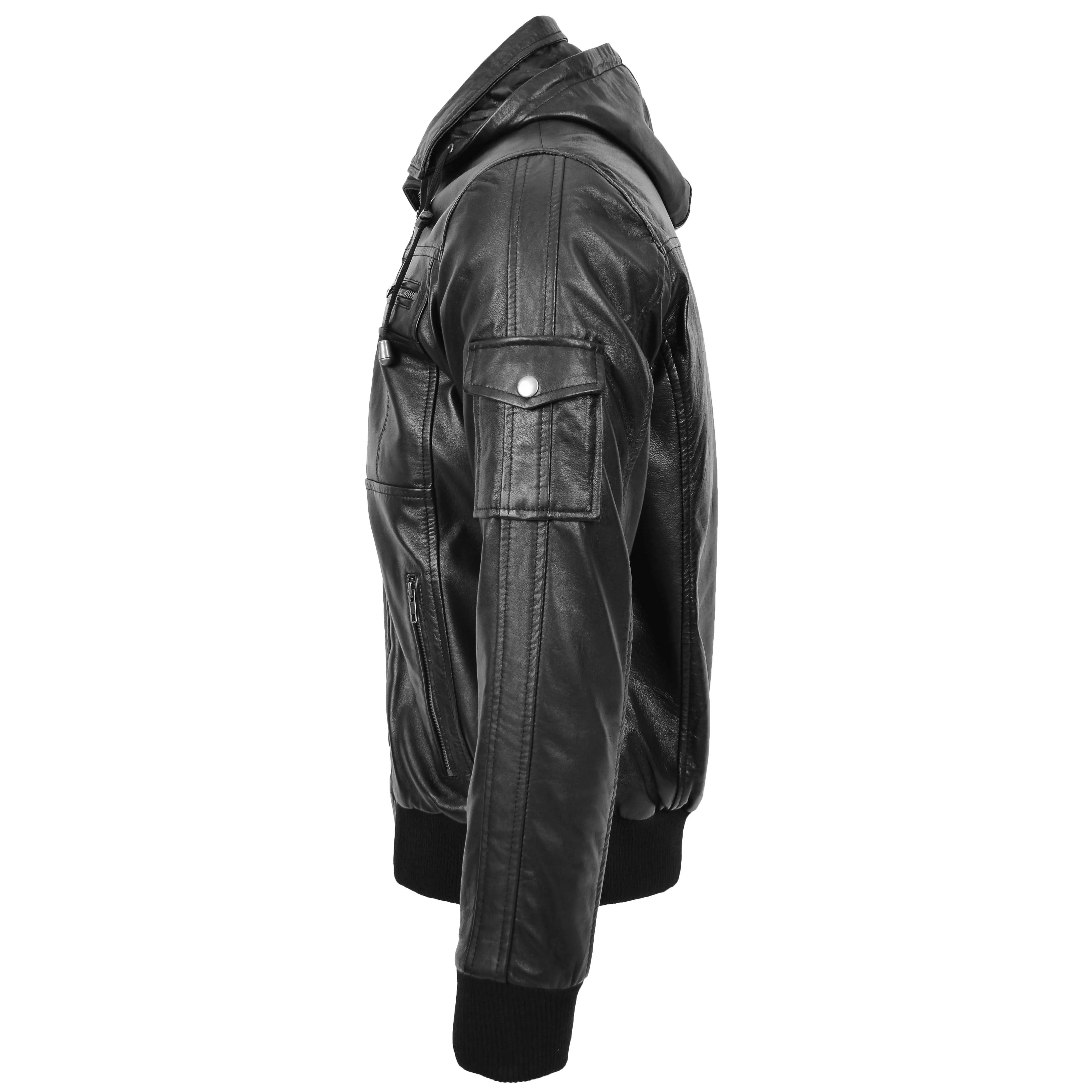 Mens Leather Bomber Jacket with Hoodie Bronx Black