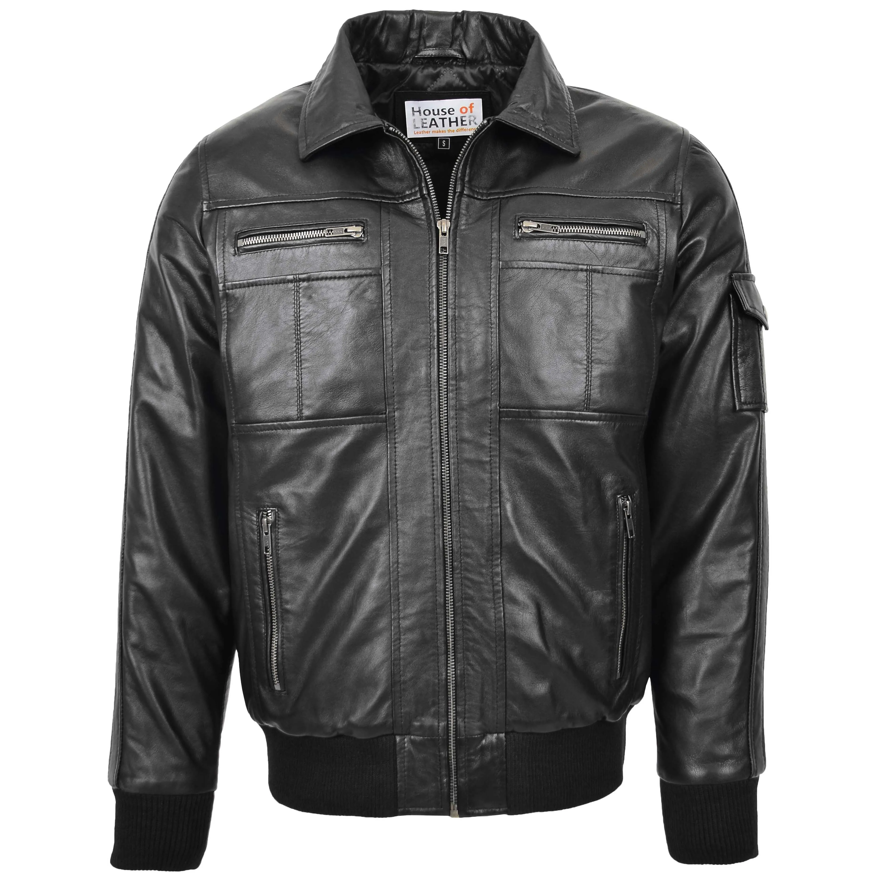 Mens Leather Bomber Jacket with Hoodie Bronx Black